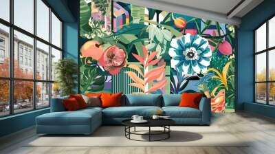 Collage contemporary floral seamless pattern  jungle fruits and plants illustration Wallpaper Wall mural