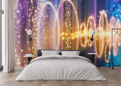 Decoration twinkle lights background, abstract blurred backdrop with circles,modern design wallpaper with sparkling glimmers. Purple, blue and golden backdrop glittering sparks with glow effect Wall mural