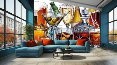 Different images of alcohol - beer, martini, cola, champagne, wine, juice, scotch, whiskey Wall mural