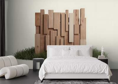 Full frame of wooden planks and sward background, isolated on white Wall mural