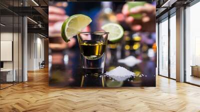 Gold tequila with lime and salt, selective focus Wall mural