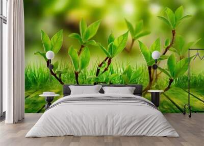 Green leaves on twigs, sward and wooden planks with green blurry background Wall mural