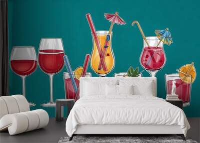 Illustration of a set of different bar glasses with wine and different cocktails decorated with fruit tubes and umbrellas. Wall mural