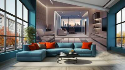 Interior of modern living room with sofa and furniture 3D rendering Wall mural