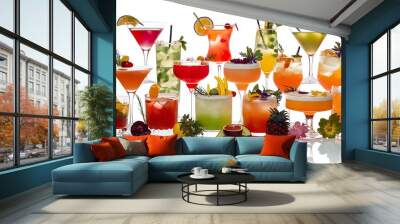 Lot of different cocktails and drinks isolated on white Wall mural