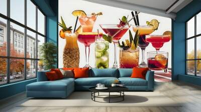 Lot of different cocktails and drinks isolated on white Wall mural