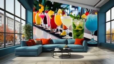 Many kinds of cocktails on the restaurant bar. Mojito, Sex on the beach and blue Hawaii. Wall mural