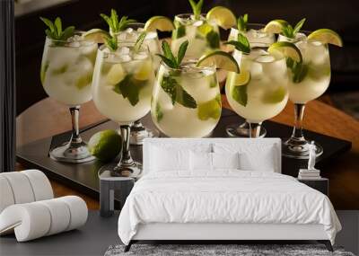 Mojito cocktails on a table. Summer cocktails with rum, lime, mint, ice cubes and brown sugar Wall mural