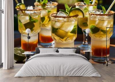 Mojito cocktails on a table. Summer cocktails with rum, lime, mint, ice cubes and brown sugar Wall mural