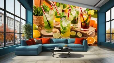 Mojito cocktails on a table. Summer cocktails with rum, lime, mint, ice cubes and brown sugar Wall mural