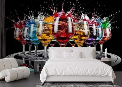 Multicolored glasses filled with alcoholic drinks, with splases of ice cubes falling inside, standing on the mirror surface. Black background. Conceptual, celebrated, commercial design. Closeup. Wall mural