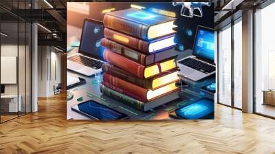 Online education E-learning stack of books 3d render illustration vector background Wall mural