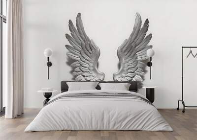 Pair of isolated angel wings with 3D feathers on white background, 3D Illustration, 3D Rendering Wall mural