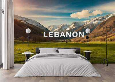 Photo of beautiful mountain landscape, natural background, blue sky with bright sun light, fresh air, green pasture valley in Lebanon mountains, scenic place, traveling and active vacation concept Wall mural