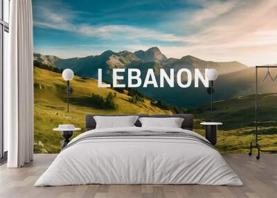 Photo of beautiful mountain landscape, natural background, blue sky with bright sun light, fresh air, green pasture valley in Lebanon mountains, scenic place, traveling and active vacation concept Wall mural