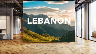 Photo of beautiful mountain landscape, natural background, blue sky with bright sun light, fresh air, green pasture valley in Lebanon mountains, scenic place, traveling and active vacation concept Wall mural