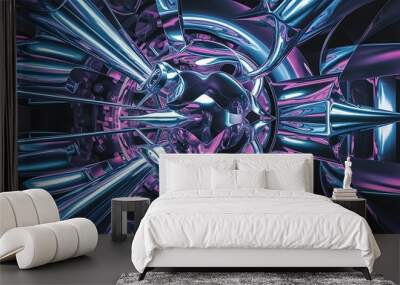 Psychedelic chrome wallpaper with luminous effects and abstract shapes, offering a futuristic and surreal ambiance Wall mural