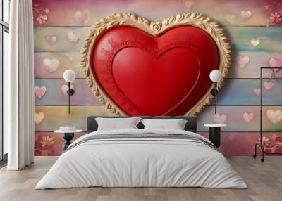 Red heart on wooden background, Valentines Day background Wall mural