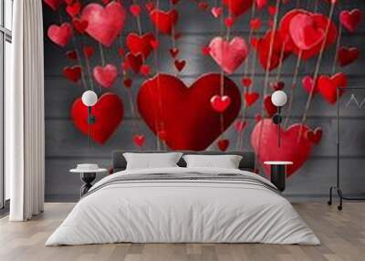 Red hearts hanging over grey wood background Wall mural