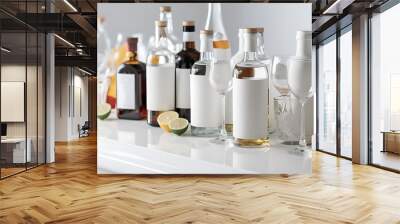 Selective focus of jugs with different alcohol drinks on bar counter Wall mural