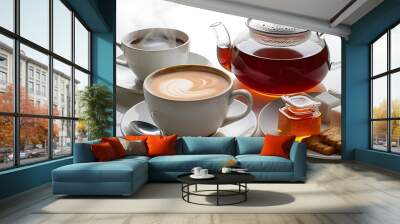 Set of delicious hot drinks: coffee, tea and supplies. Isolated. Wall mural