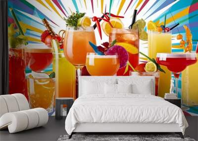 Set of different drinks on bright background Wall mural