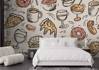 Set of food and drinks doodle on white background. Wall mural