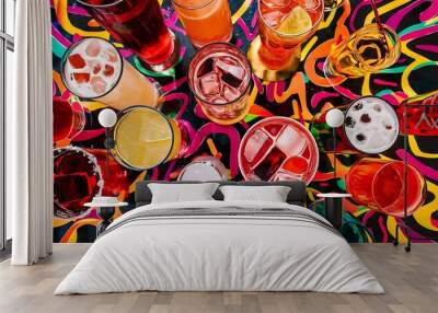 Several glasses of different drinks on bright background Wall mural