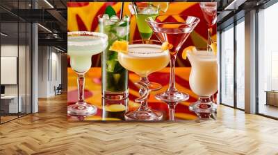 Several glasses of different drinks on bright background Wall mural