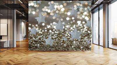 Silver glitter bokeh background. Shiny holiday background. Wallpaper for web design Wall mural