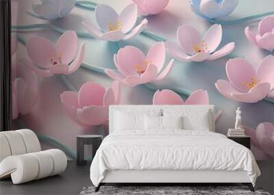 Spring cherry blossom cherry flowers flat on pastel background g Wall mural