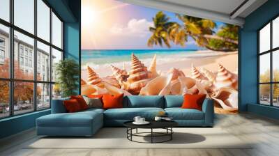 Summer travel template with seashells on light sand Wall mural