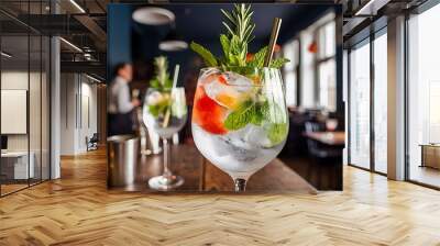 tonic alcoholic cocktail with ice and mint. Cocktail drinks served at restaurant, pub or bar Wall mural