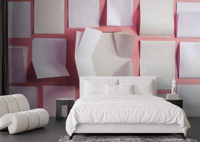 Top view of blank and empty sheets of paper on pink background with copy space Wall mural