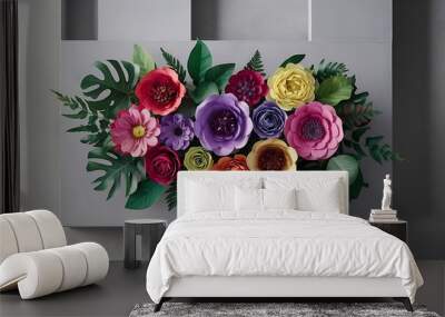 Top view of colorful paper flowers and green plants with leaves on grey background Wall mural