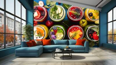 Top view of detox drinks in jars with fruits, vegetables, herbs, berries and greenery near fruit ingredients on wooden blue surface Wall mural