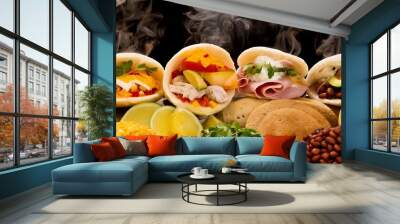 traditional food in colombia or venezuela named arepa made with corn meal cheese, chicken maize and ham avocado corn and beans Wall mural