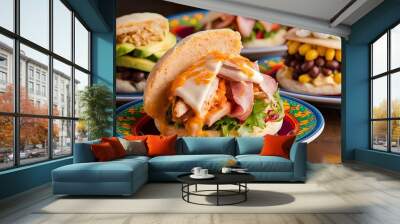 traditional food in colombia or venezuela named arepa made with corn meal cheese, chicken maize and ham avocado corn and beans Wall mural