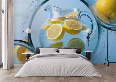 Transparent glasses with water and whole lemons on blue background Wall mural