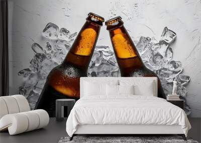 Two bottles of beer on ice. Isolated on white background. Wall mural