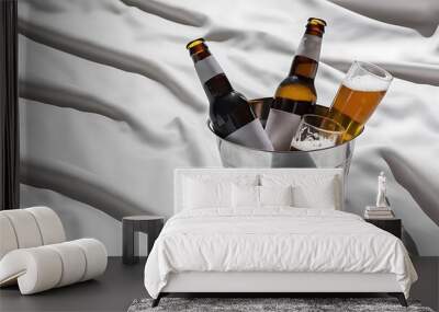 Two bottles of beer on ice. Isolated on white background. Wall mural