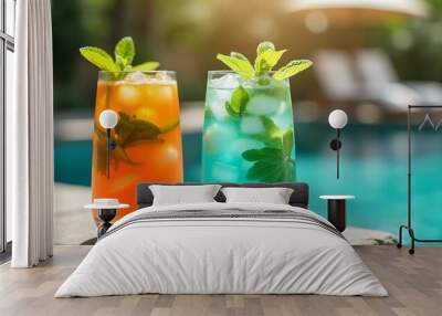 Two glasses with natural, delicious refreshing beverage at poolside Wall mural