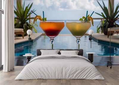 Two glasses with natural, delicious refreshing beverage at poolside Wall mural