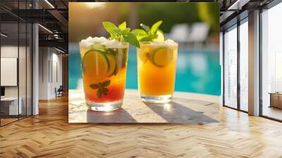 Two glasses with natural, delicious refreshing beverage at poolside Wall mural