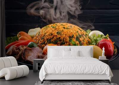 Uzbek pilaf and ingredients on black wooden background. Plov - rice prepared with vegetables and meat. Wall mural