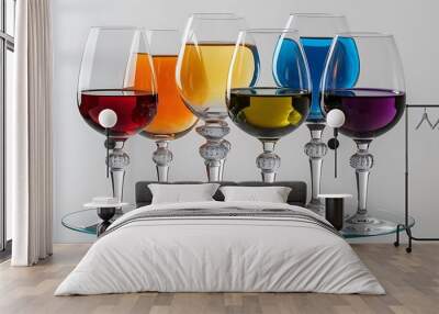 Wine glasses with red, orange, yellow, green, blue, violet liquids stand on a glass surface on a white background Wall mural