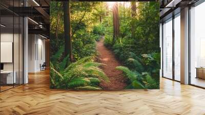 A path through a forest with a sun shining through the trees Wall mural