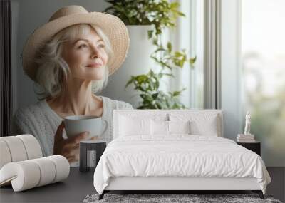 A senior woman in a straw hat is holding a cup of coffee Wall mural