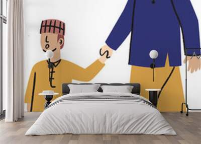 Muslim father and son holding hand Wall mural