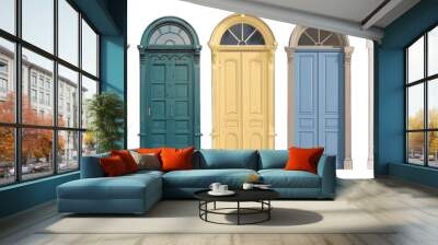 Seven colorful vintage doors are standing closed, showing off their architectural details and offering a sense of mystery and possibility Wall mural